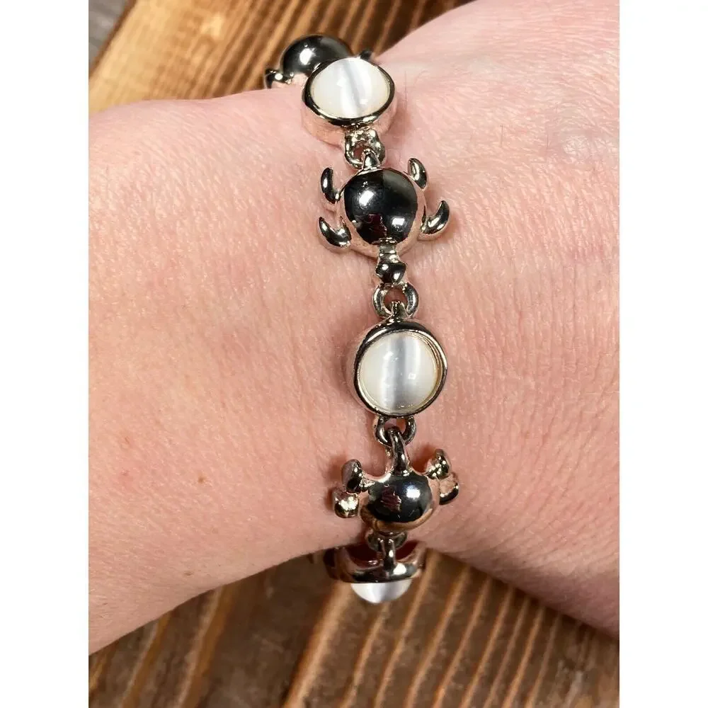 Moonstone Turtle Link Bracelet Silver Tone Magnetic Clasp 7.5”